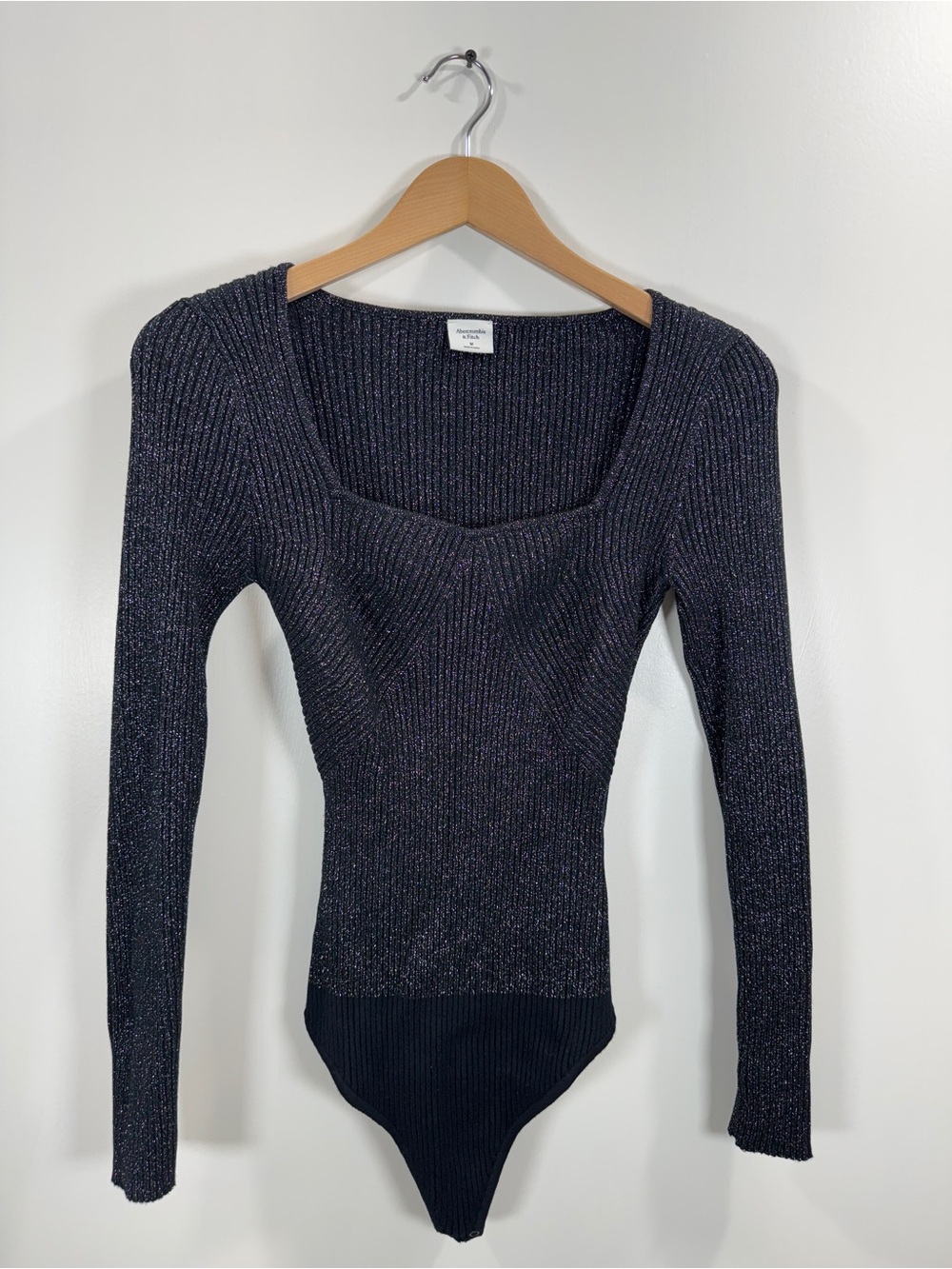 WSH122 {Abercrombie} Black Silver Metallic Glitter Knit Sweater Bodysuit